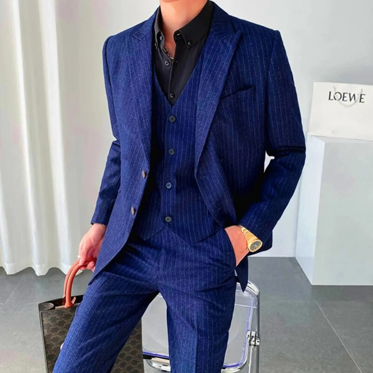 2022 Uomo Slim Fit Business Casual Stripe 3 pezzi Set maschile alta qualità formale sposo abito da sposa giacca gilet pantaloni