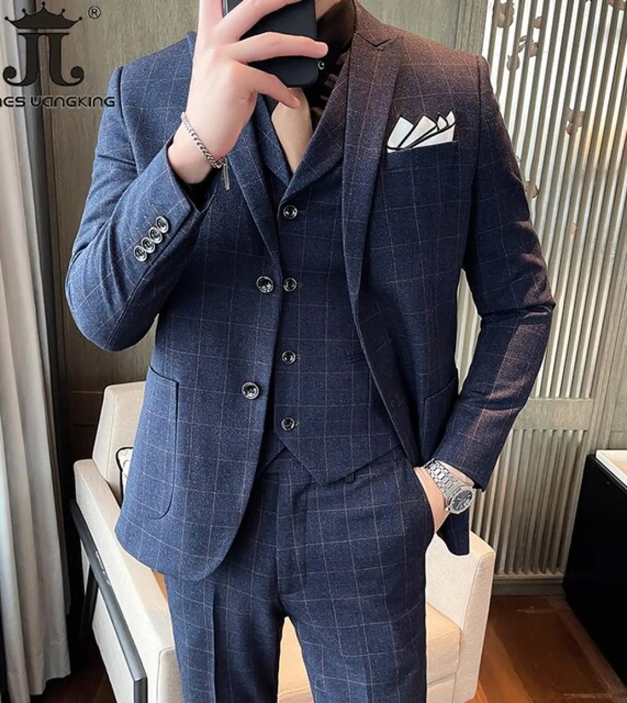 5xl Giacca  Gilet  Pantaloni  Abito da uomo formale scozzese retrò di marca di fascia alta Completo da uomo in tre pezzi Abit