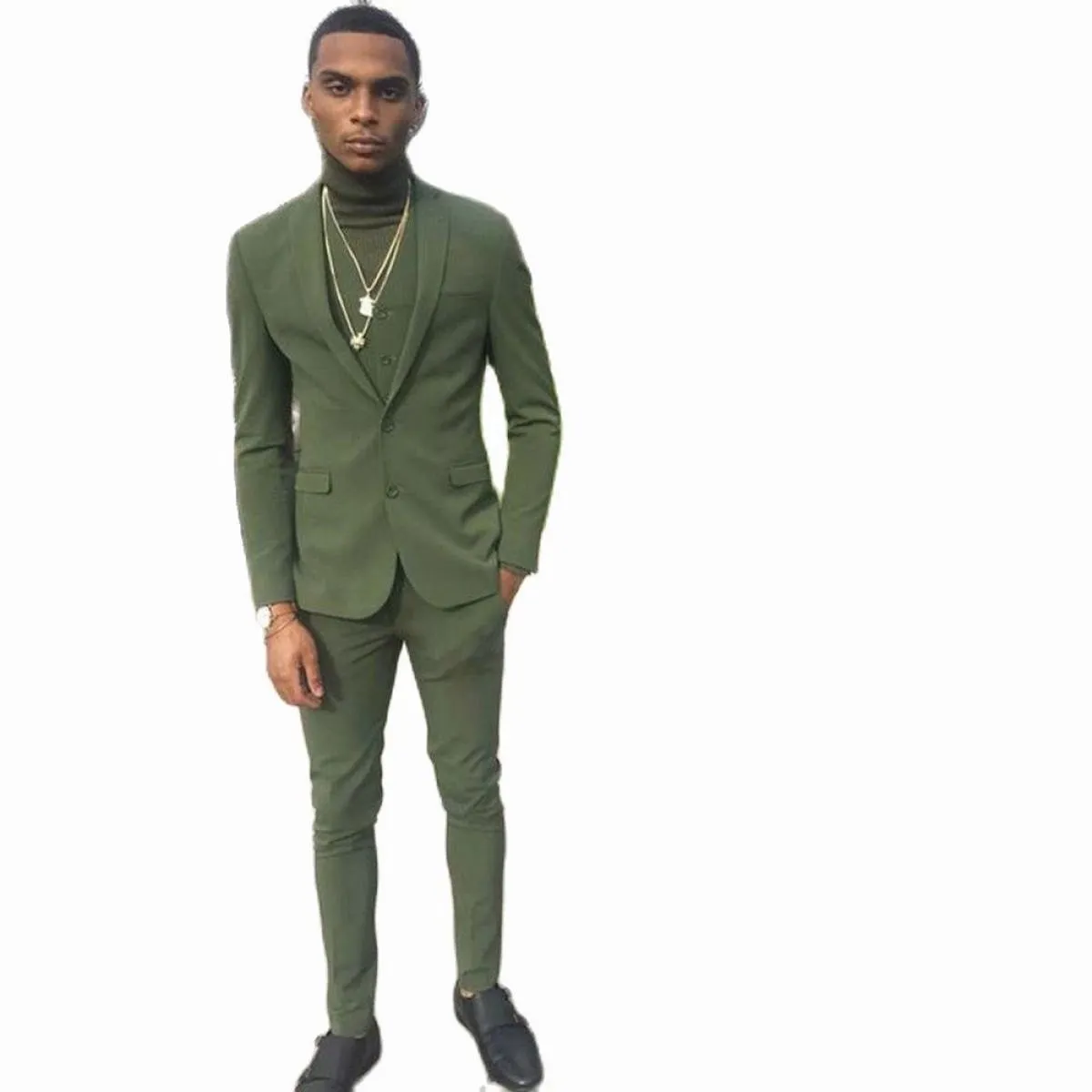 Abiti da sposa con risvolto con risvolto verde slim fit da ballo per uomo smoking tre pezzi blazer giacca + pantaloni + gilet