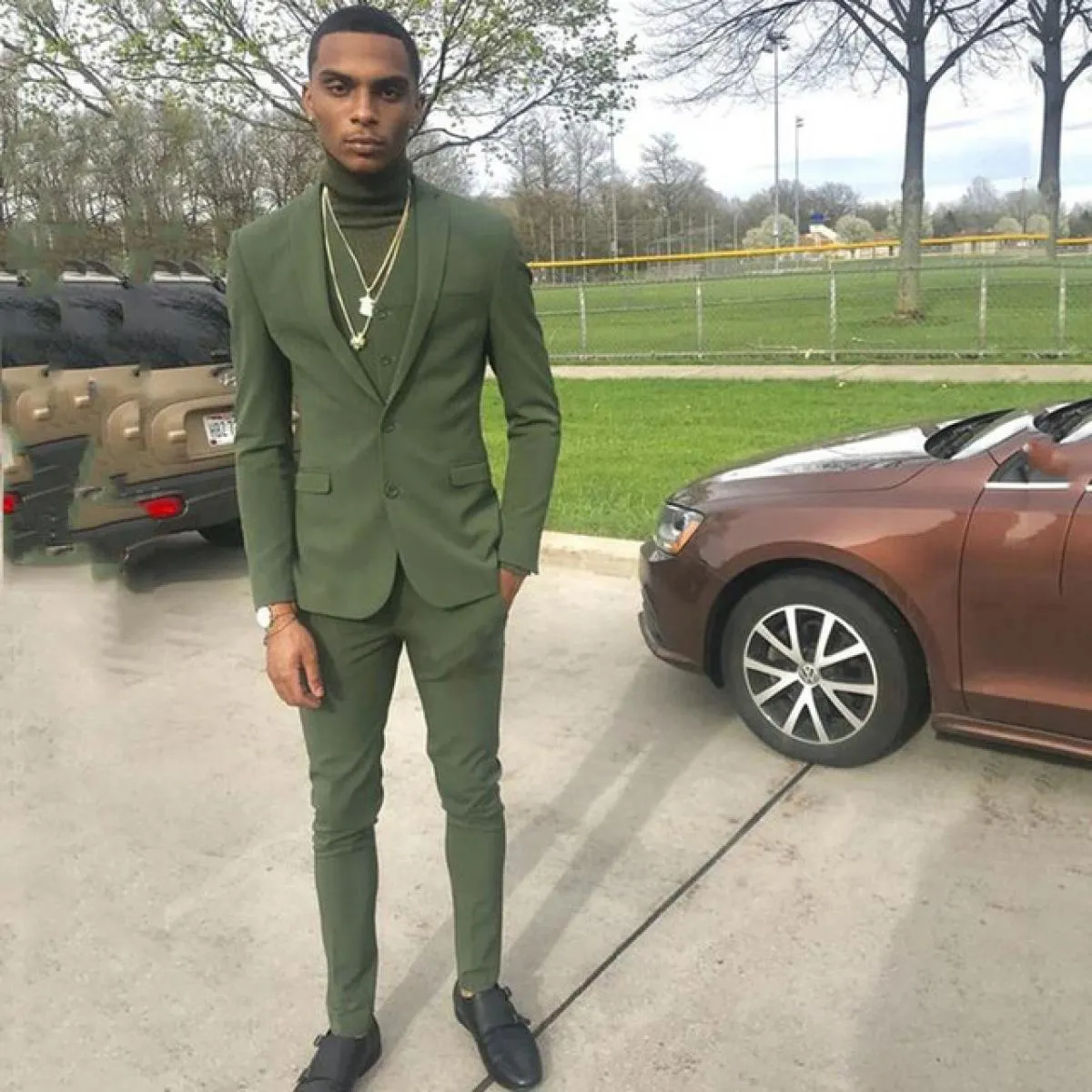 Abiti da sposa con risvolto con risvolto verde slim fit da ballo per uomo smoking tre pezzi blazer giacca + pantaloni + gilet