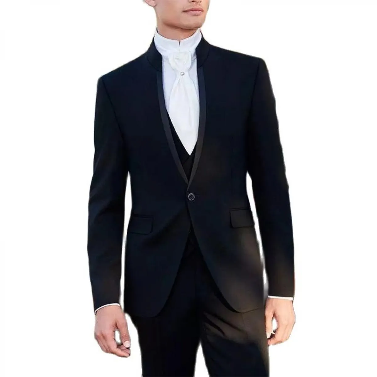 Abiti da uomo neri slim fit con stand collo per la cena 3 pezzi giacca da sposo smoking da sposo con gilet