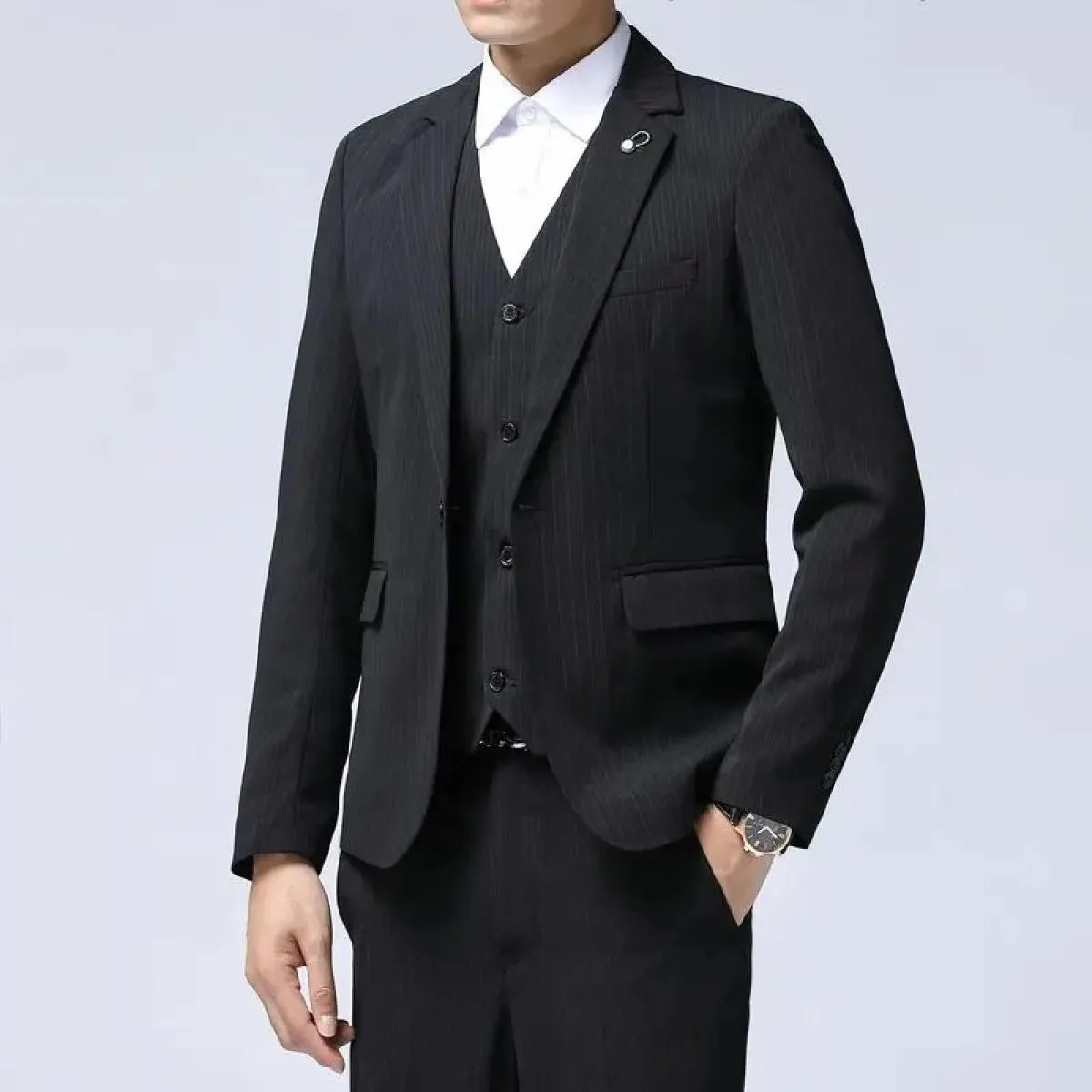 Abito da uomo slim fit a righe completo da 3 pezzi blazer pantaloni gilet professionale formale business casual giacca da sposo