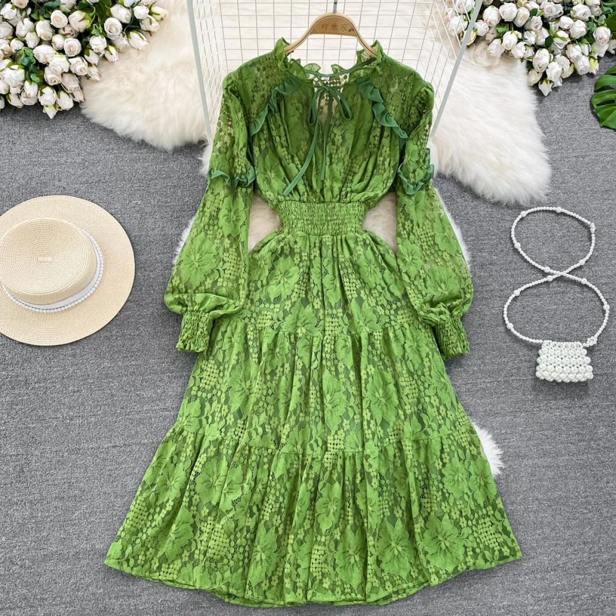 Abito estivo elegante in pizzo midi per donna Fiore con gancio di lusso Manica lunga Abiti femminili Dolce volant Cravatta al co