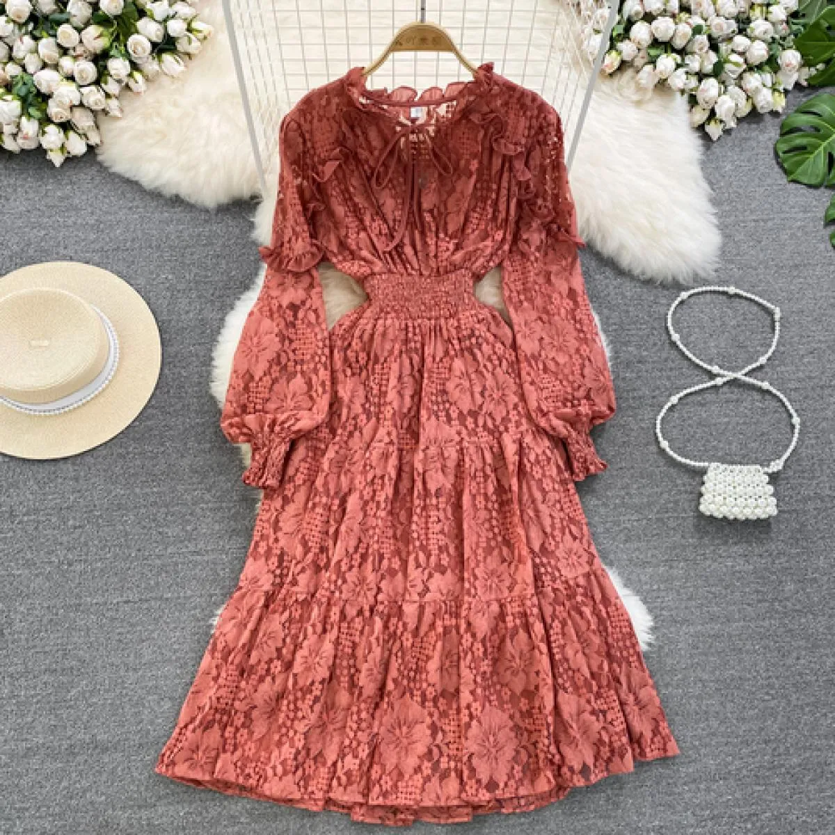 Abito estivo elegante in pizzo midi per donna Fiore con gancio di lusso Manica lunga Abiti femminili Dolce volant Cravatta al co