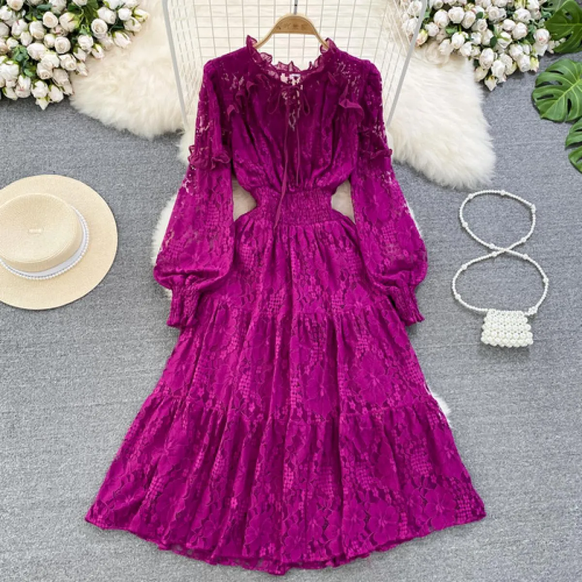 Abito estivo elegante in pizzo midi per donna Fiore con gancio di lusso Manica lunga Abiti femminili Dolce volant Cravatta al co
