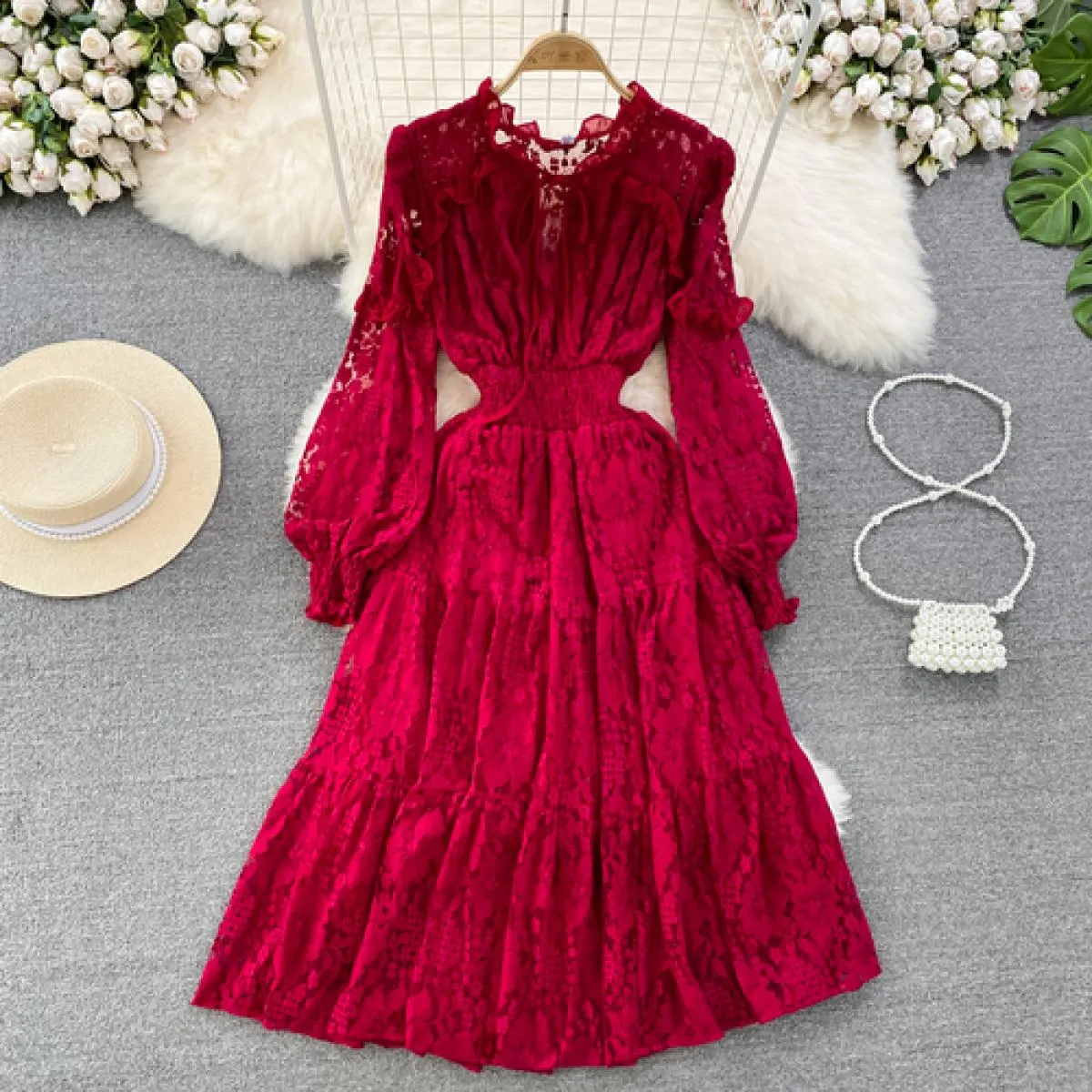 Abito estivo elegante in pizzo midi per donna Fiore con gancio di lusso Manica lunga Abiti femminili Dolce volant Cravatta al co