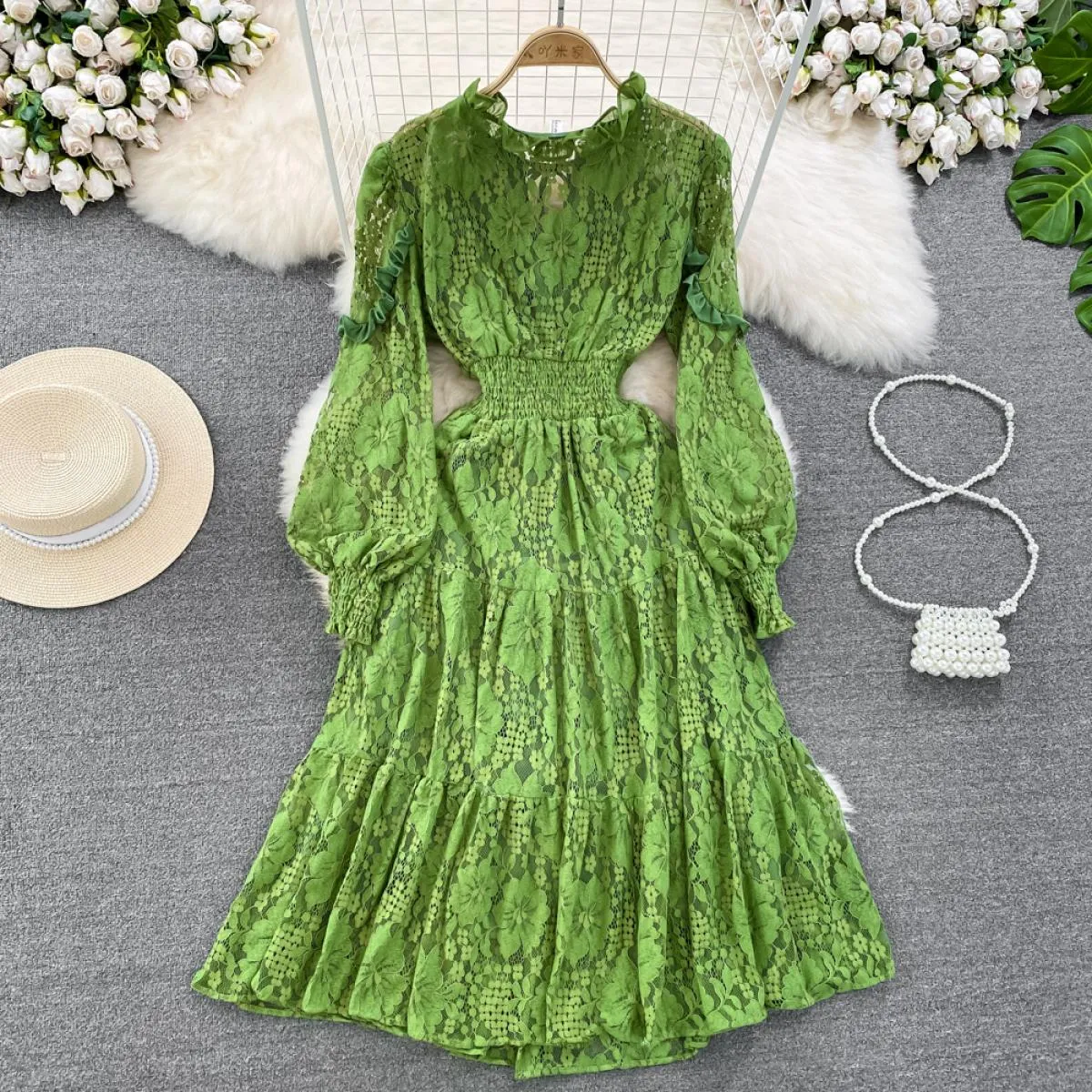 Abito estivo elegante in pizzo midi per donna Fiore con gancio di lusso Manica lunga Abiti femminili Dolce volant Cravatta al co