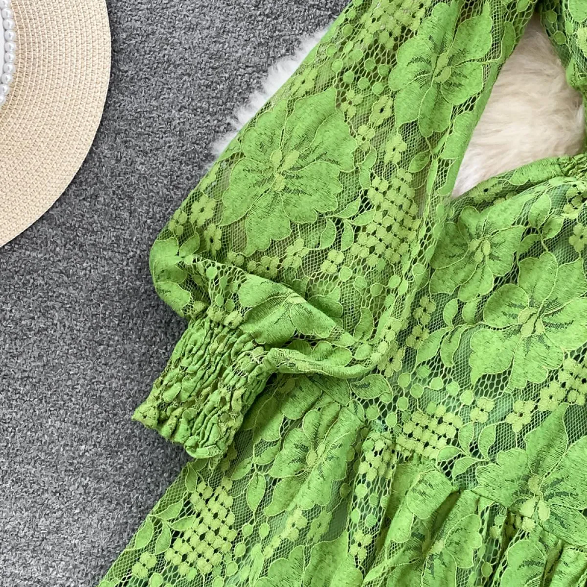 Abito estivo elegante in pizzo midi per donna Fiore con gancio di lusso Manica lunga Abiti femminili Dolce volant Cravatta al co