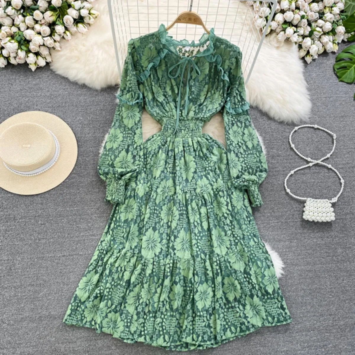 Abito estivo elegante in pizzo midi per donna Fiore con gancio di lusso Manica lunga Abiti femminili Dolce volant Cravatta al co