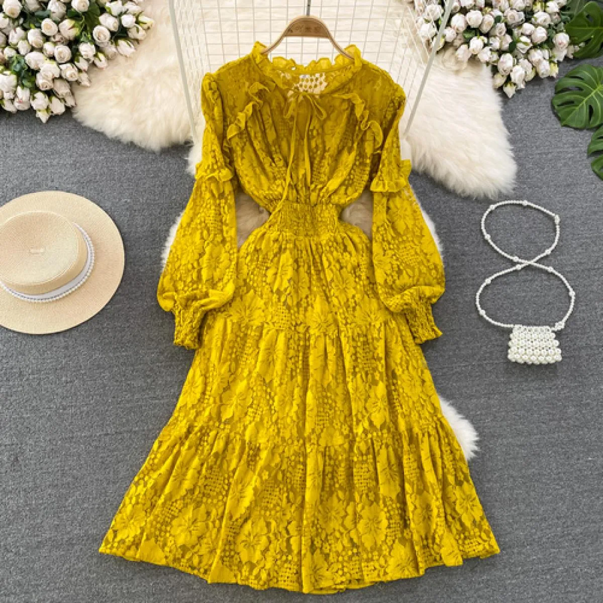 Abito estivo elegante in pizzo midi per donna Fiore con gancio di lusso Manica lunga Abiti femminili Dolce volant Cravatta al co