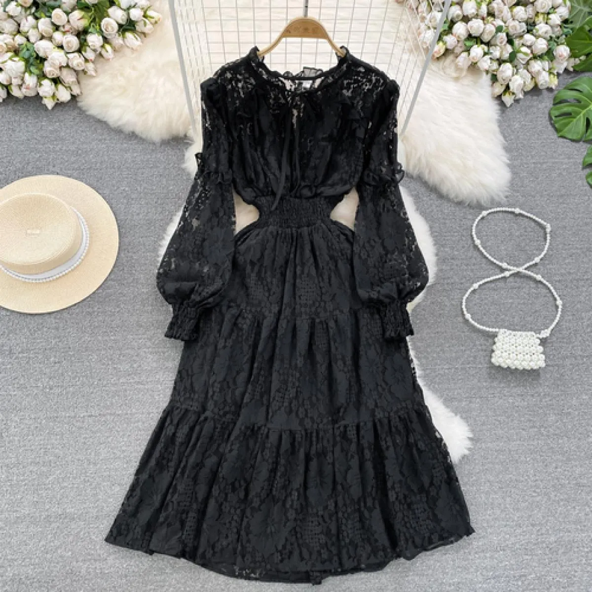 Abito estivo elegante in pizzo midi per donna Fiore con gancio di lusso Manica lunga Abiti femminili Dolce volant Cravatta al co
