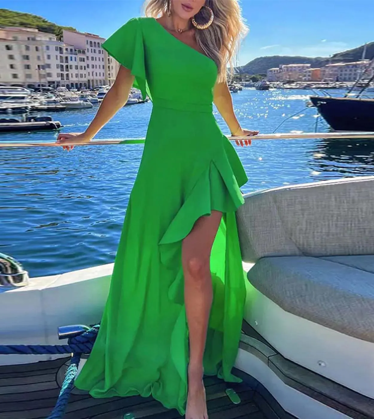 Abito lungo irregolare con colletto inclinato estivo Elegante abito da sera solido a vita alta Donna Casual Ruffle Manica corta