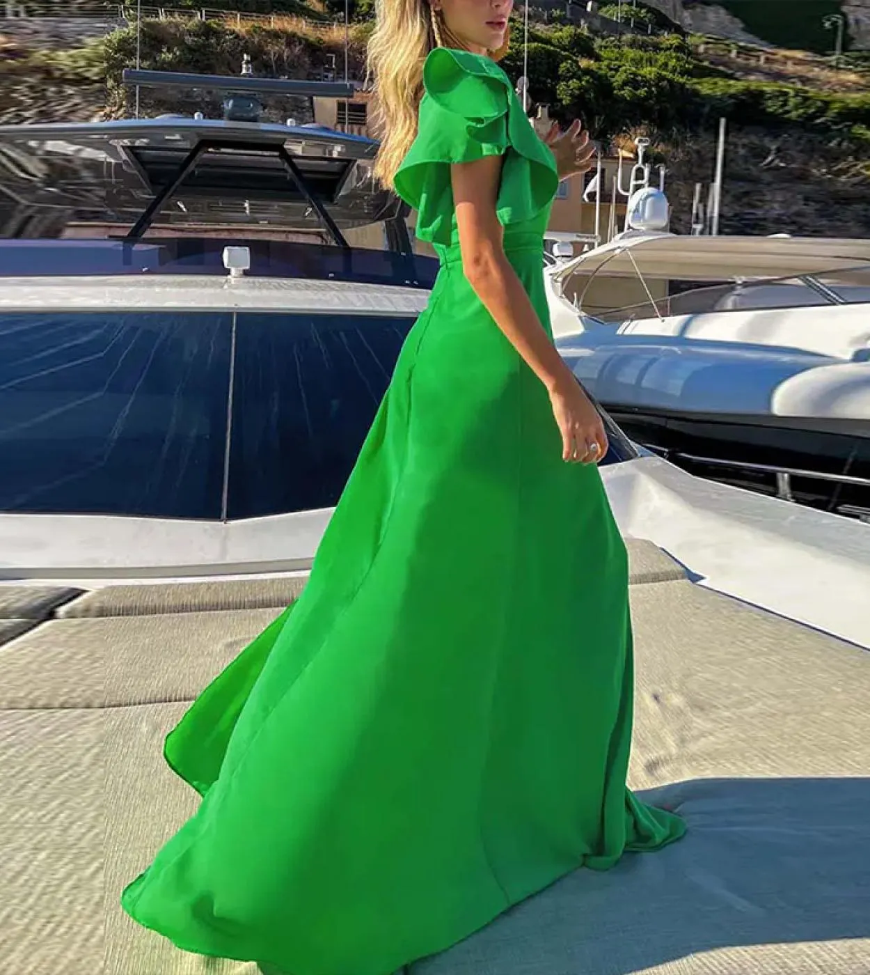 Abito lungo irregolare con colletto inclinato estivo Elegante abito da sera solido a vita alta Donna Casual Ruffle Manica corta