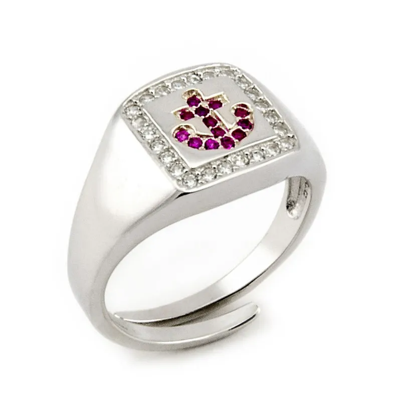 Anello in argento con ancora di pietre rosso rubino