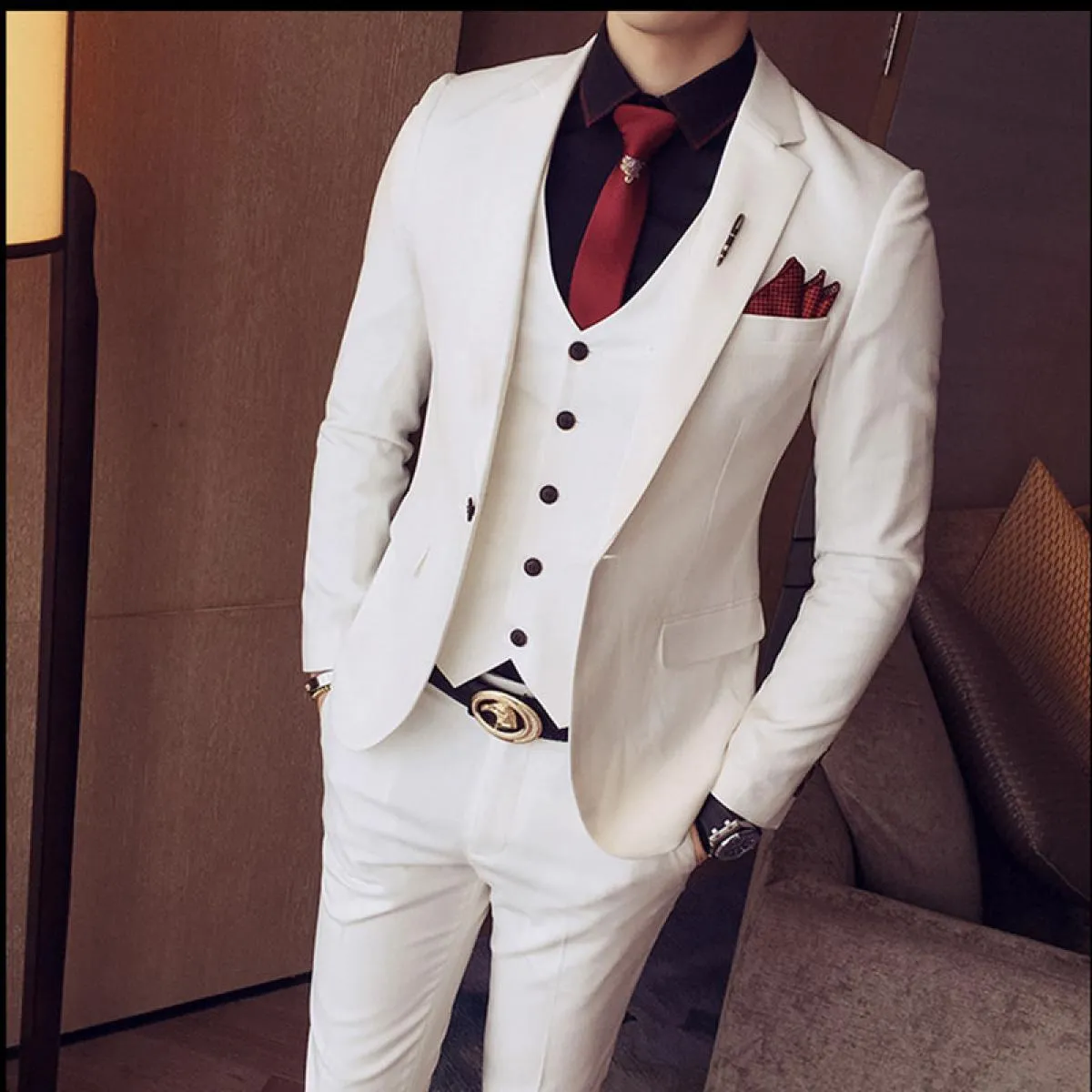 Blazer Set Abiti da uomo Custom Slim Fit 3 pezzi Gentlemen Wedding Groomsmen Abito con colletto standard (giacca + gilet + panta