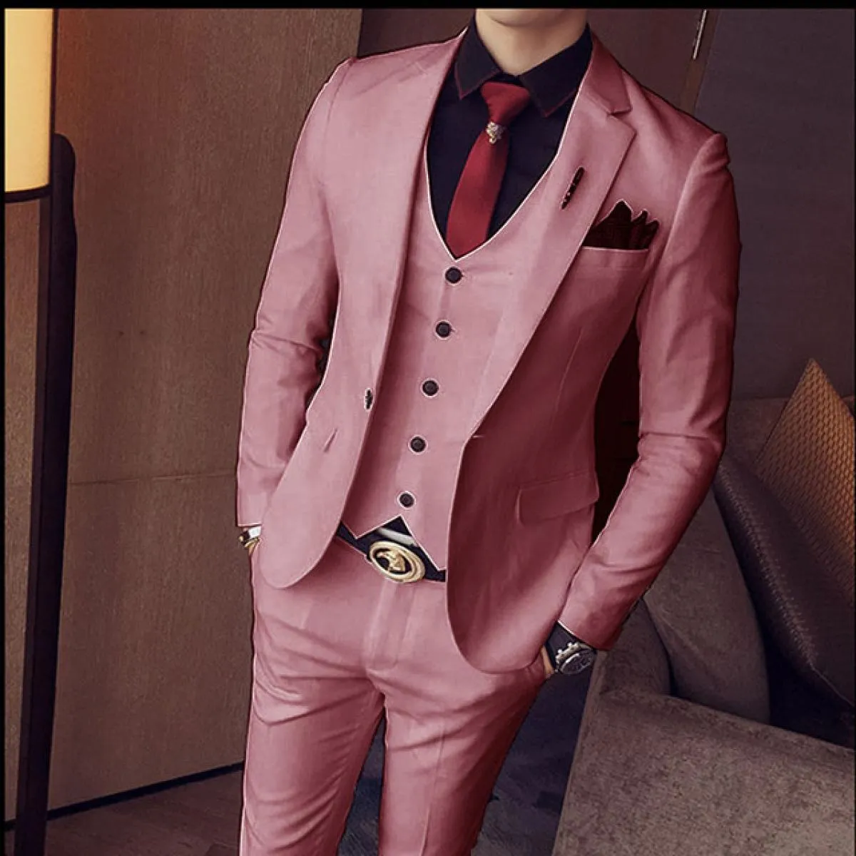 Blazer Set Abiti da uomo Custom Slim Fit 3 pezzi Gentlemen Wedding Groomsmen Abito con colletto standard (giacca + gilet + panta