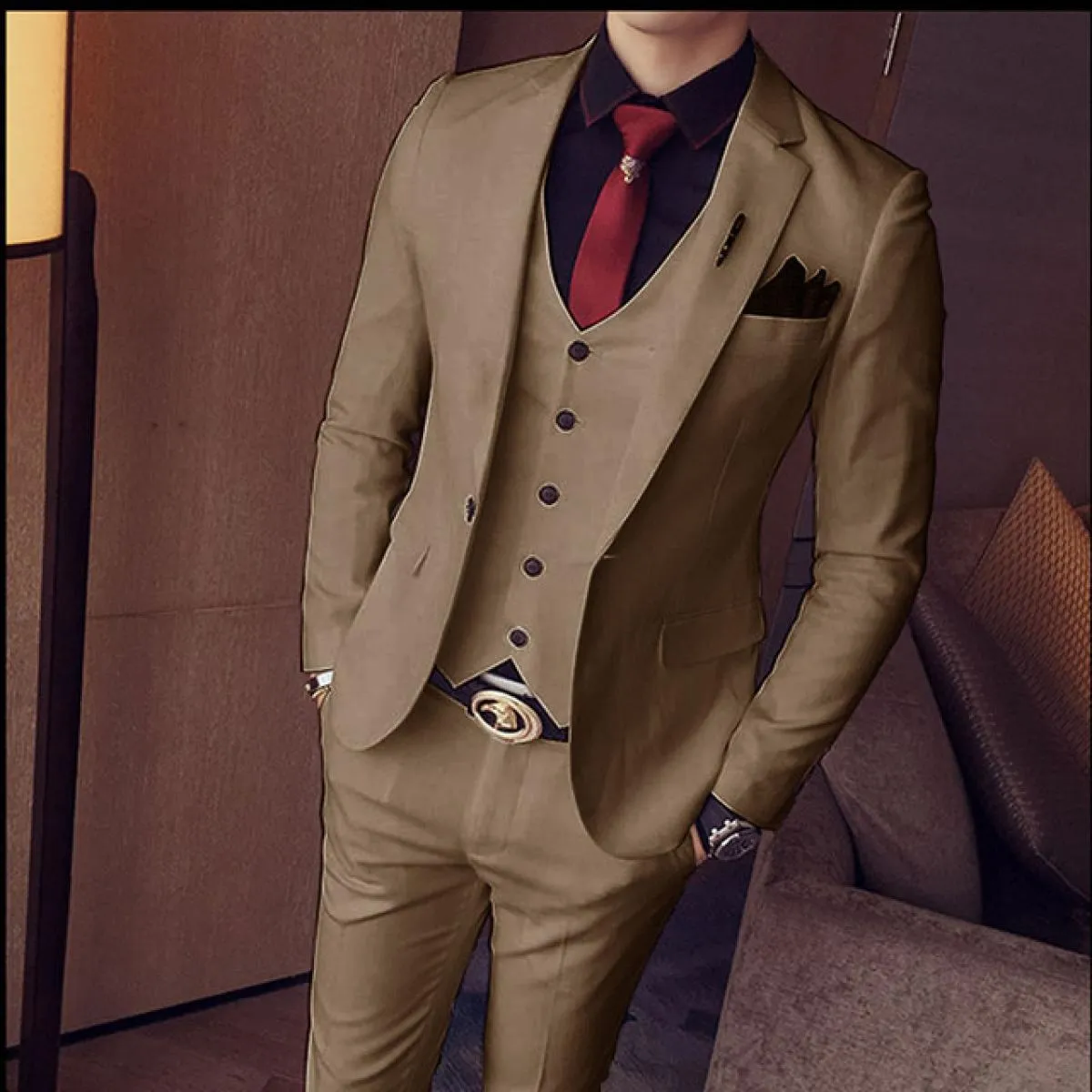 Blazer Set Abiti da uomo Custom Slim Fit 3 pezzi Gentlemen Wedding Groomsmen Abito con colletto standard (giacca + gilet + panta
