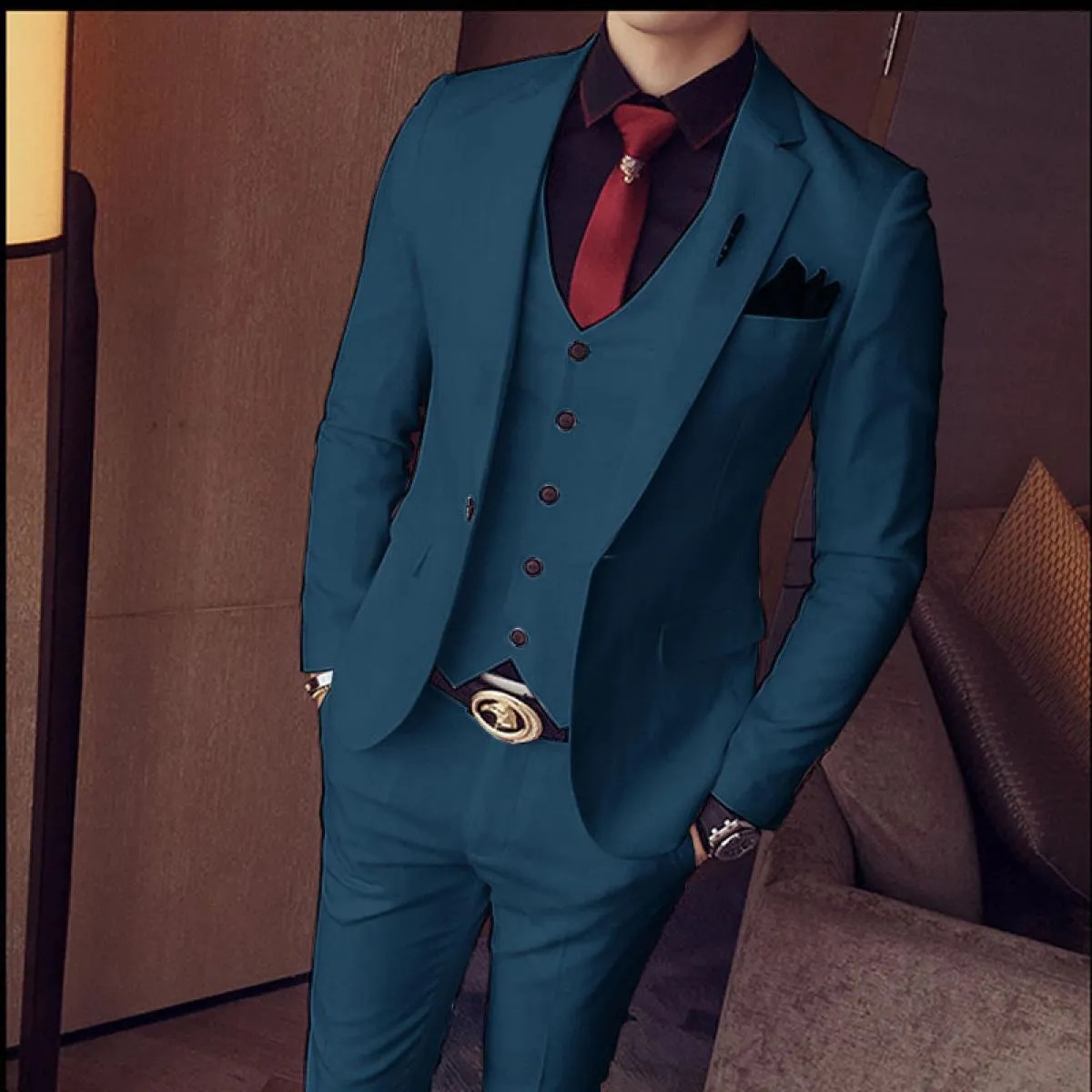 Blazer Set Abiti da uomo Custom Slim Fit 3 pezzi Gentlemen Wedding Groomsmen Abito con colletto standard (giacca + gilet + panta