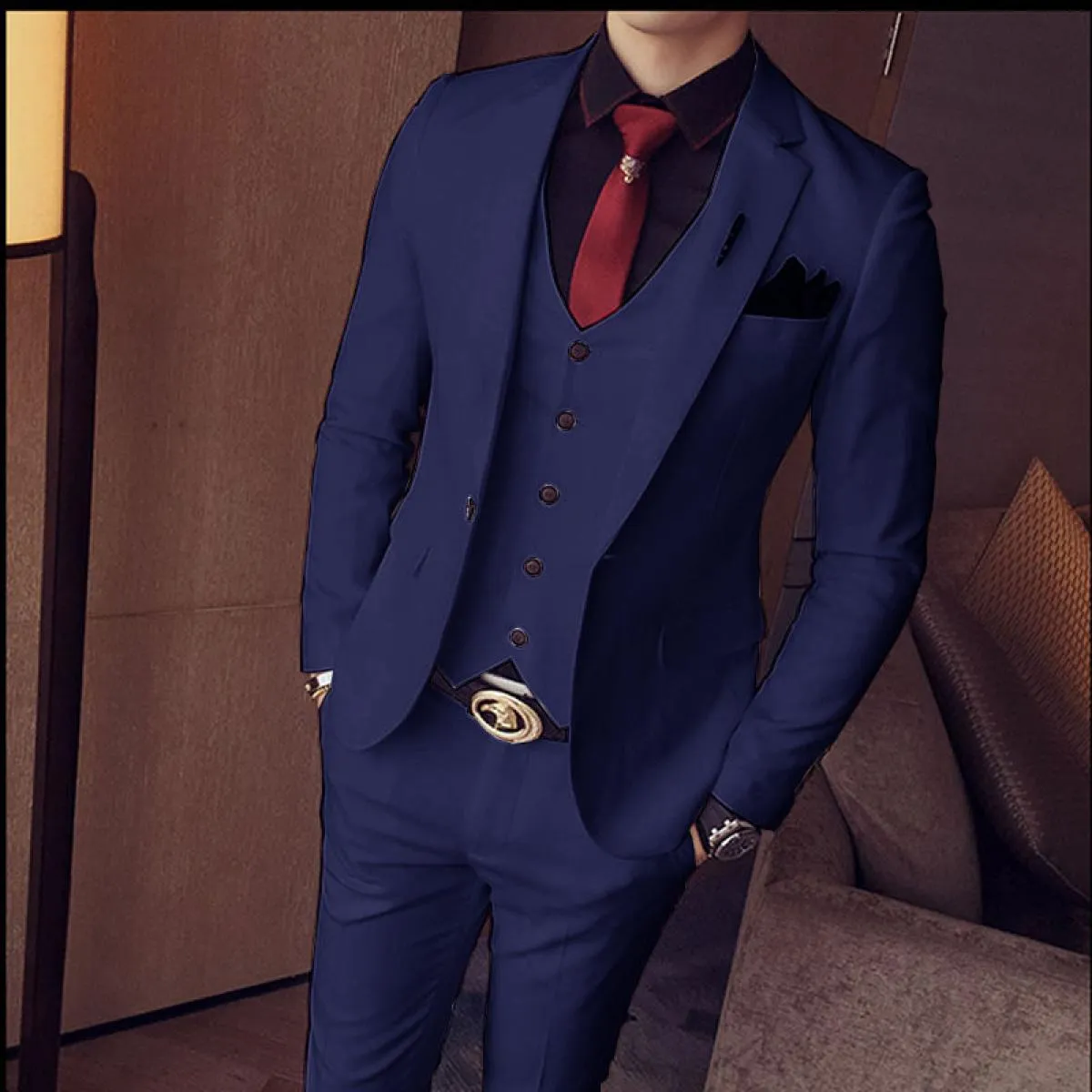 Blazer Set Abiti da uomo Custom Slim Fit 3 pezzi Gentlemen Wedding Groomsmen Abito con colletto standard (giacca + gilet + panta