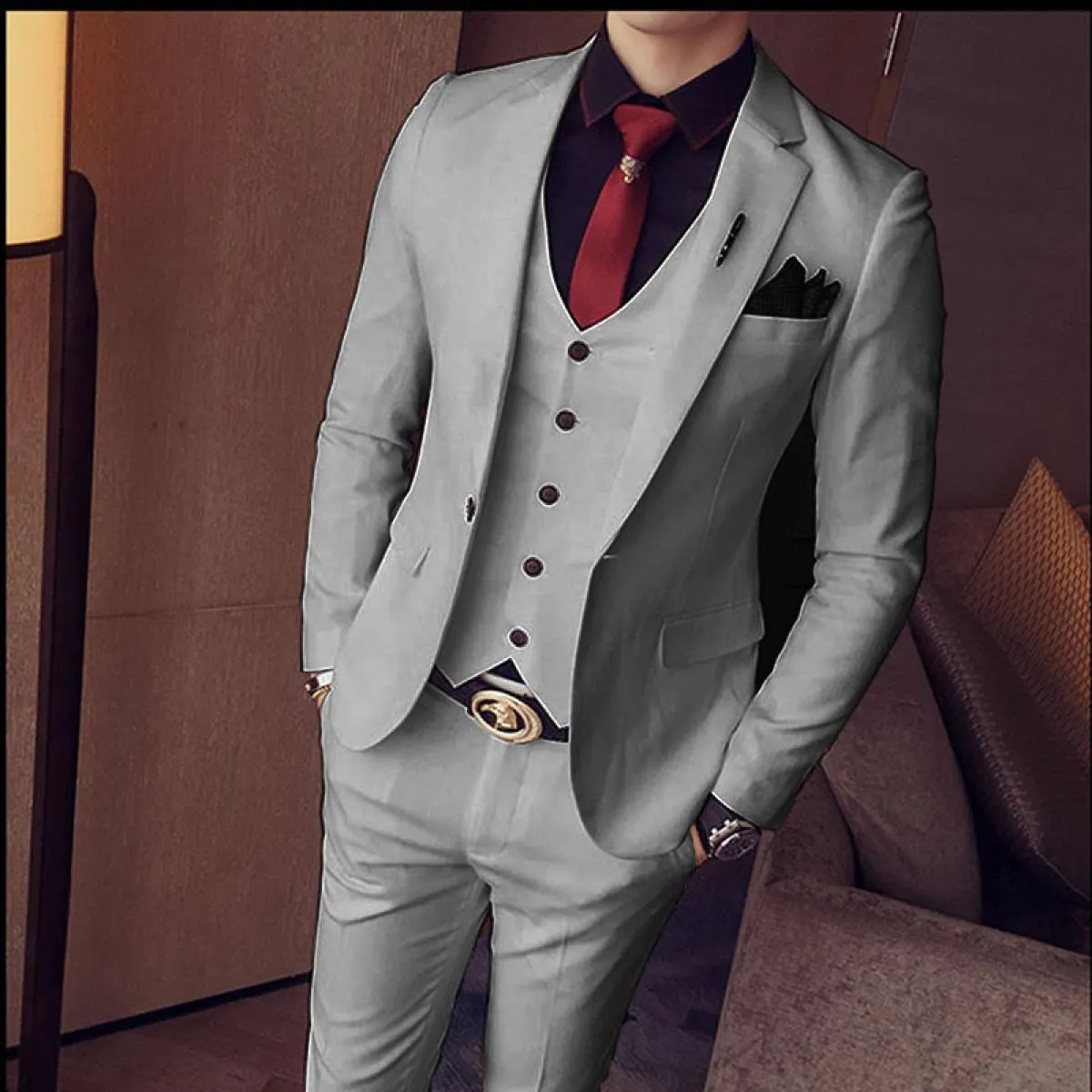 Blazer Set Abiti da uomo Custom Slim Fit 3 pezzi Gentlemen Wedding Groomsmen Abito con colletto standard (giacca + gilet + panta