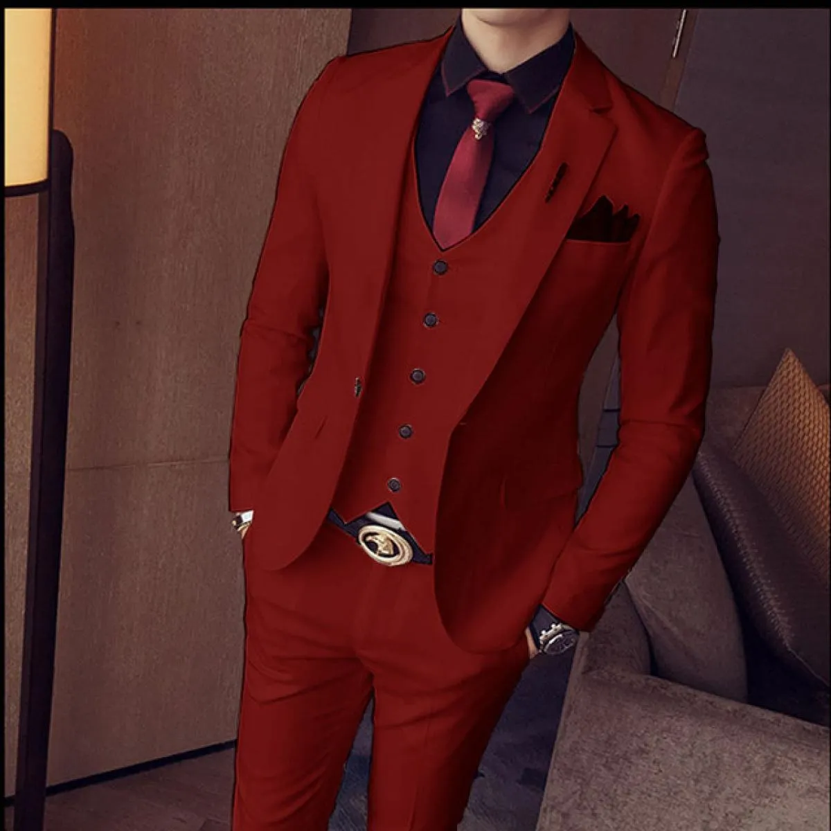 Blazer Set Abiti da uomo Custom Slim Fit 3 pezzi Gentlemen Wedding Groomsmen Abito con colletto standard (giacca + gilet + panta
