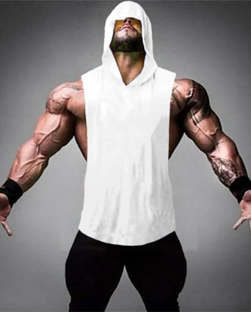 Canotta con cappuccio da bodybuilding tinta unita Canotta da uomo Abbigliamento da palestra Felpa senza maniche in cotone Gilet