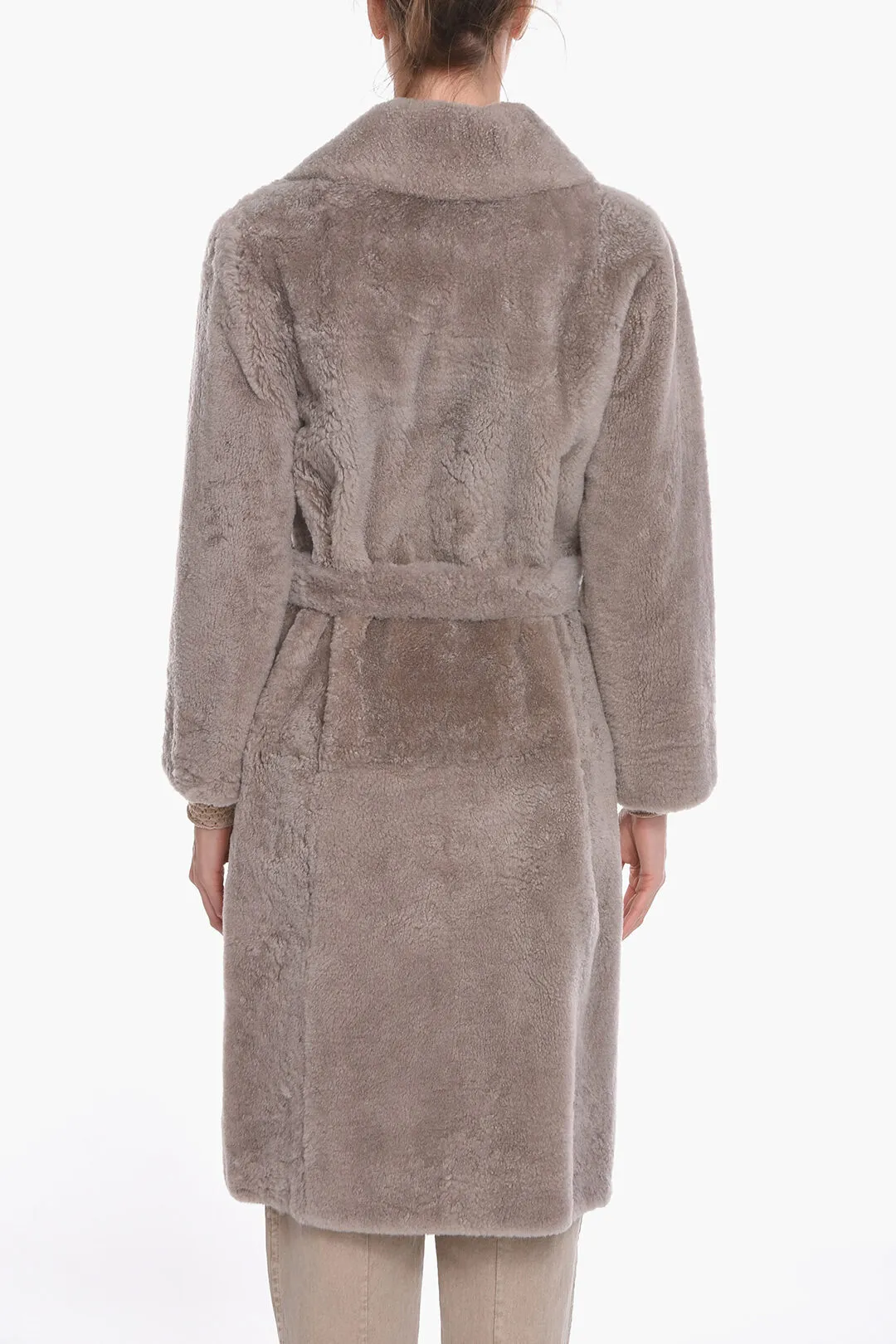 Cappotto Doppiopetto in Pelliccia di Capra Cashmere con Cintura