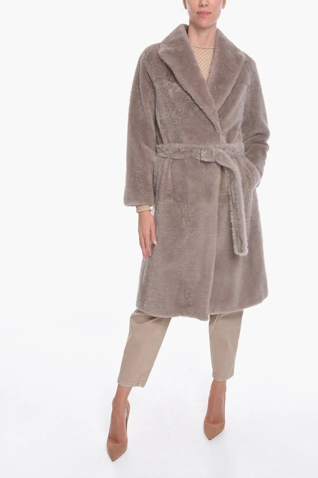 Cappotto Doppiopetto in Pelliccia di Capra Cashmere con Cintura