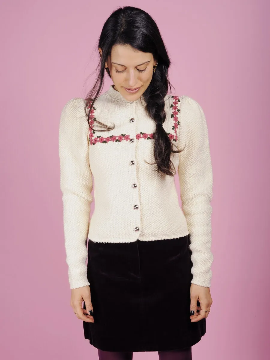 Cardigan tirolese panna con fiori ricamati