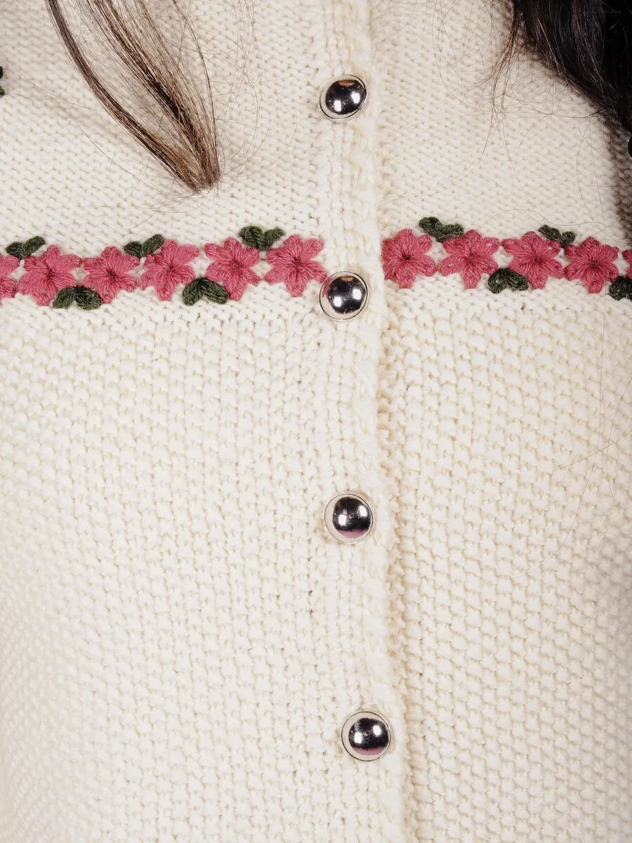 Cardigan tirolese panna con fiori ricamati