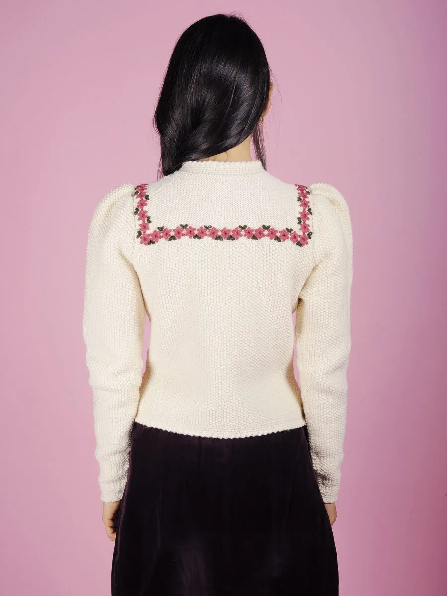 Cardigan tirolese panna con fiori ricamati