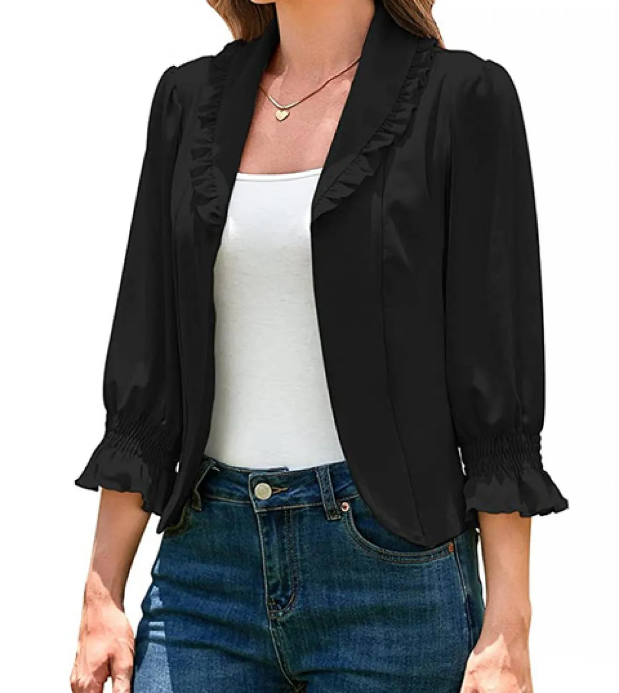 Giacca da donna alla moda, giacca corta, tinta unita, risvolto arricciato, giacca cardigan frontale aperta, tre quarti, lavoro d