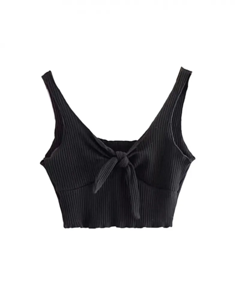 Gilet da donna, camicetta, senza maniche, a coste, con nodo sul petto, senza schienale