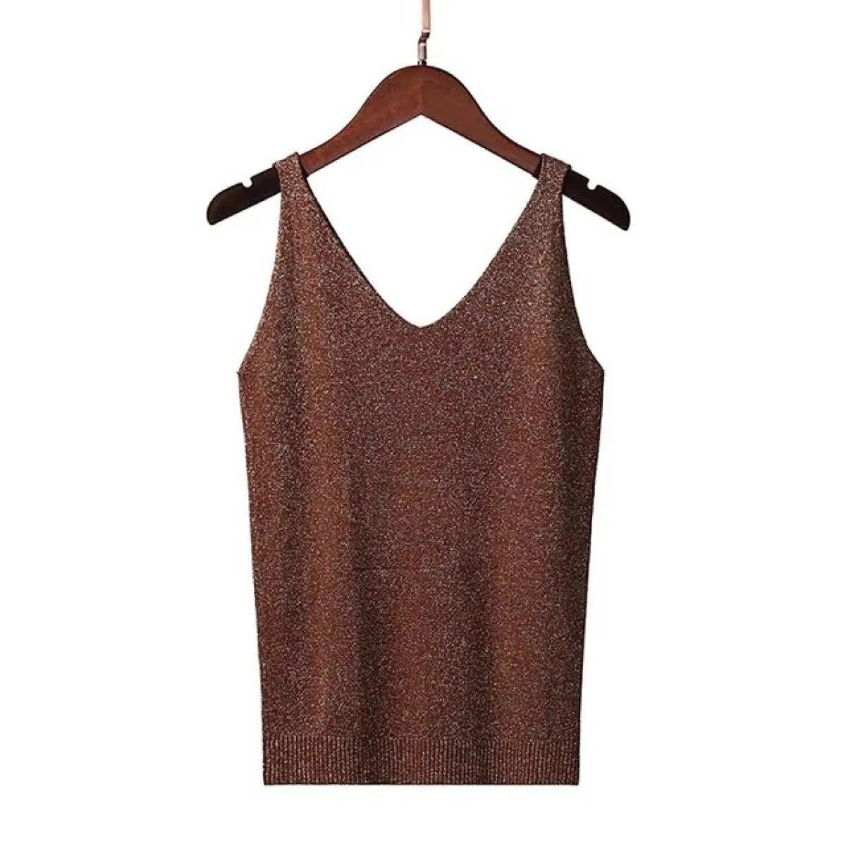 Gilet in maglia brillante da donna con scollo a V estivo alla caviglia che indossa una maglietta senza maniche