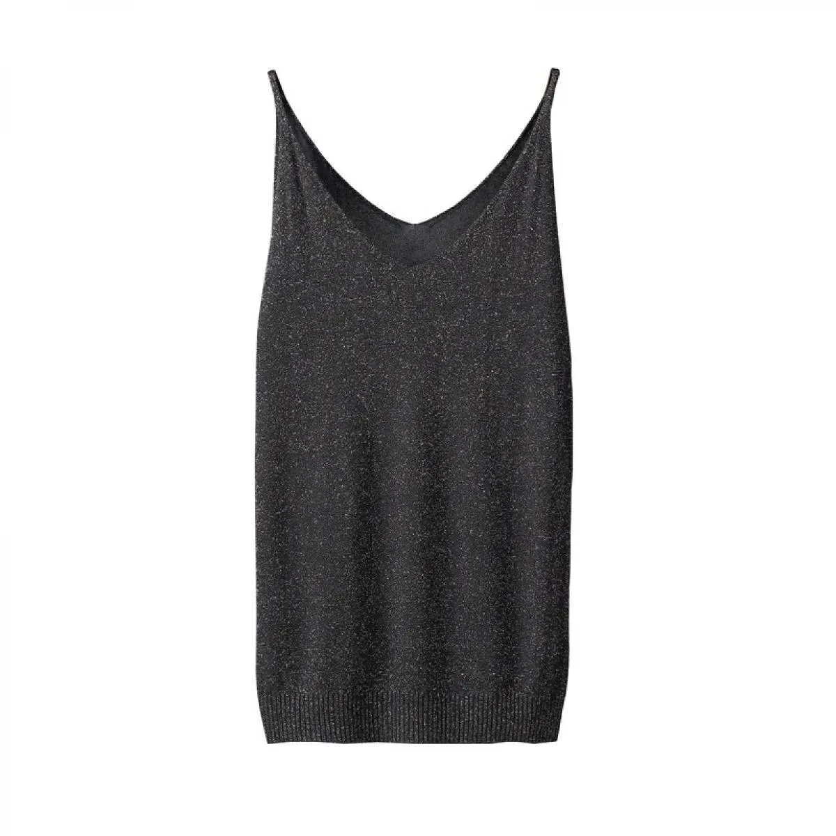 Gilet in maglia brillante da donna con scollo a V estivo alla caviglia che indossa una maglietta senza maniche