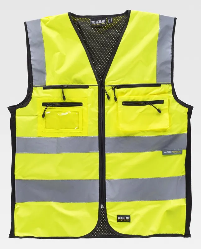 Gilet multitasche ad alta visibilità Nastri riflettenti di diverse dimensioni EN ISO 20471: 2013 Giallo AV Nero