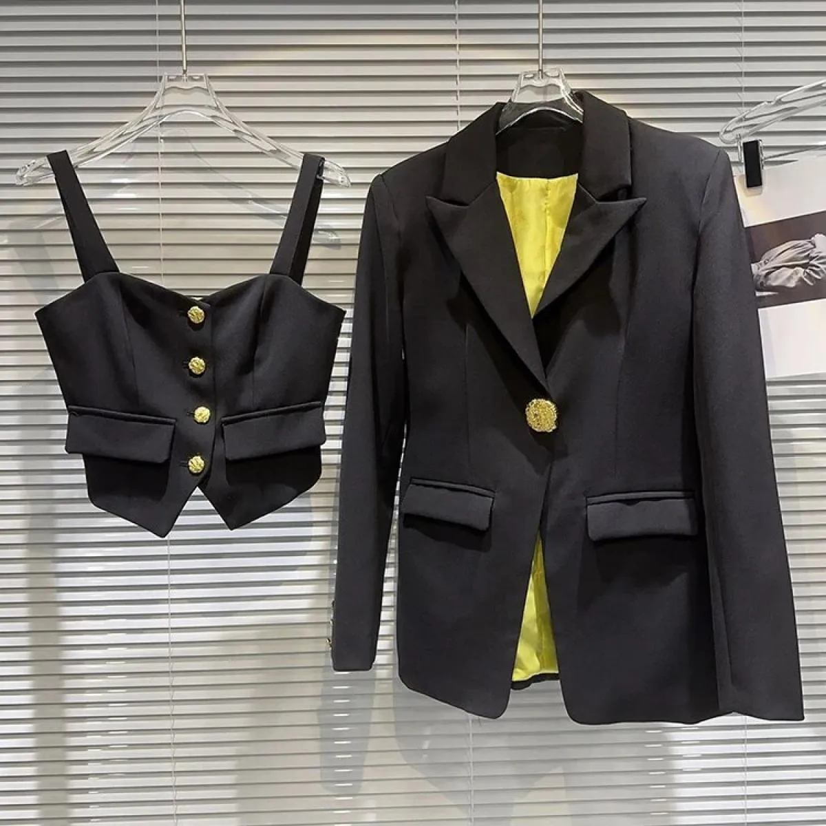 High Street Newest Autunno Inverno 2023 Giacca firmata da donna Blazer con un bottone Gilet con bretelle Set di due pezzi