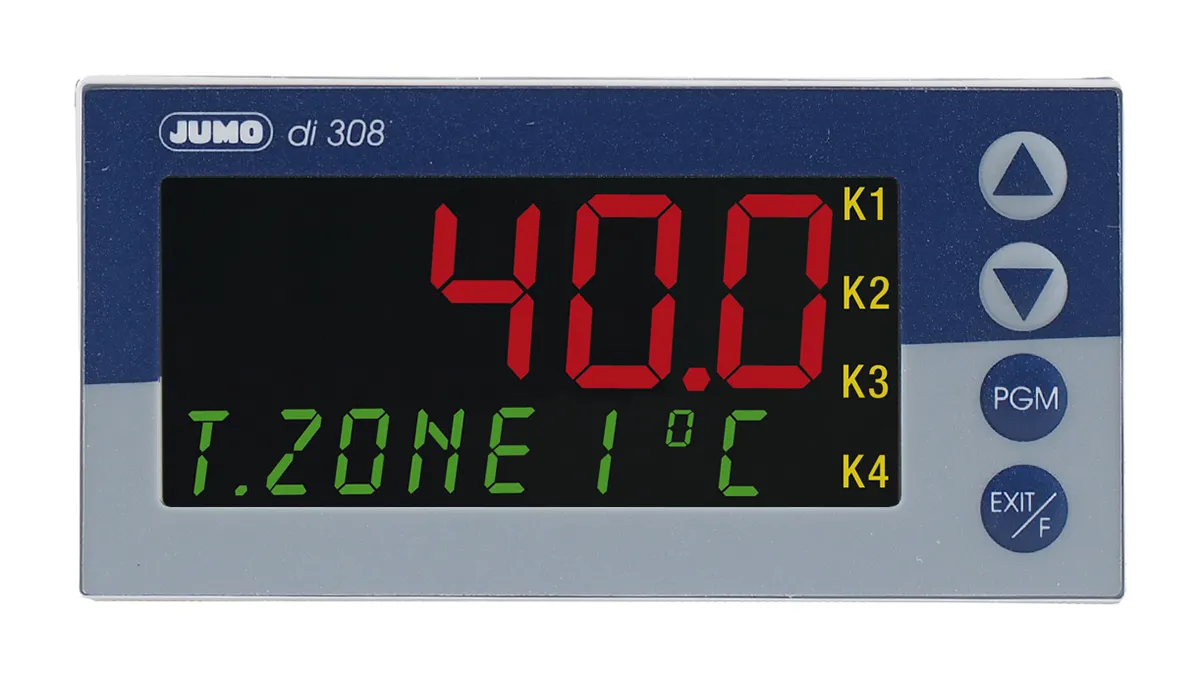 Indicatore digitale Jumo di 308, 20 → 30 V c.a./c.c., 96 x 48 (1/8 DIN)mm, 4 uscite Logico, Relè