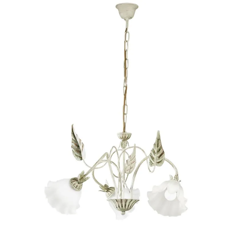 Lampadario Classico Artigianale Metallo Avorio Vetri Bianchi Tre Luci Isotta Fan Europe