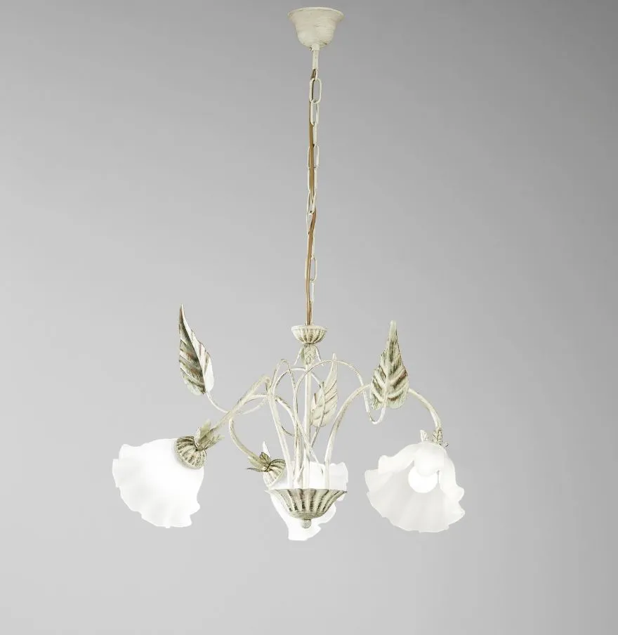 Lampadario Classico Artigianale Metallo Avorio Vetri Bianchi Tre Luci Isotta Fan Europe
