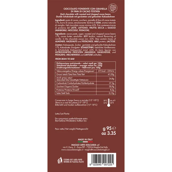 Maglio Arte Dolciaria 6 tavolette - Cioccolato Fondente con Fave di Cacao 95 gr