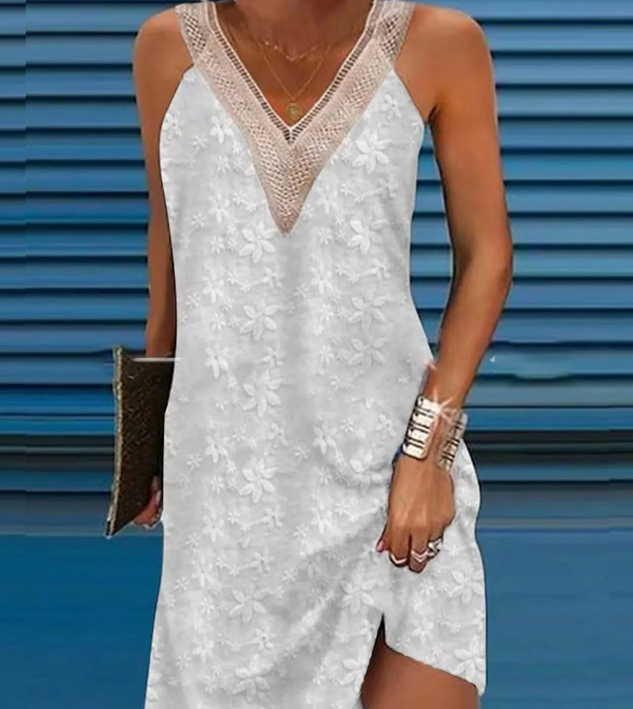 Mini abito elegante con scollo a V in pizzo ricamato 2023 Abito da sera allentato senza maniche estivo da donna Gilet solido cas