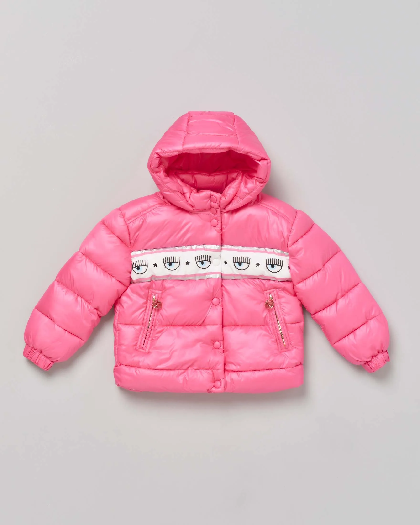 Piumino rosa con cappuccio staccabile e fascia porta logo eyestar 4-6 anni