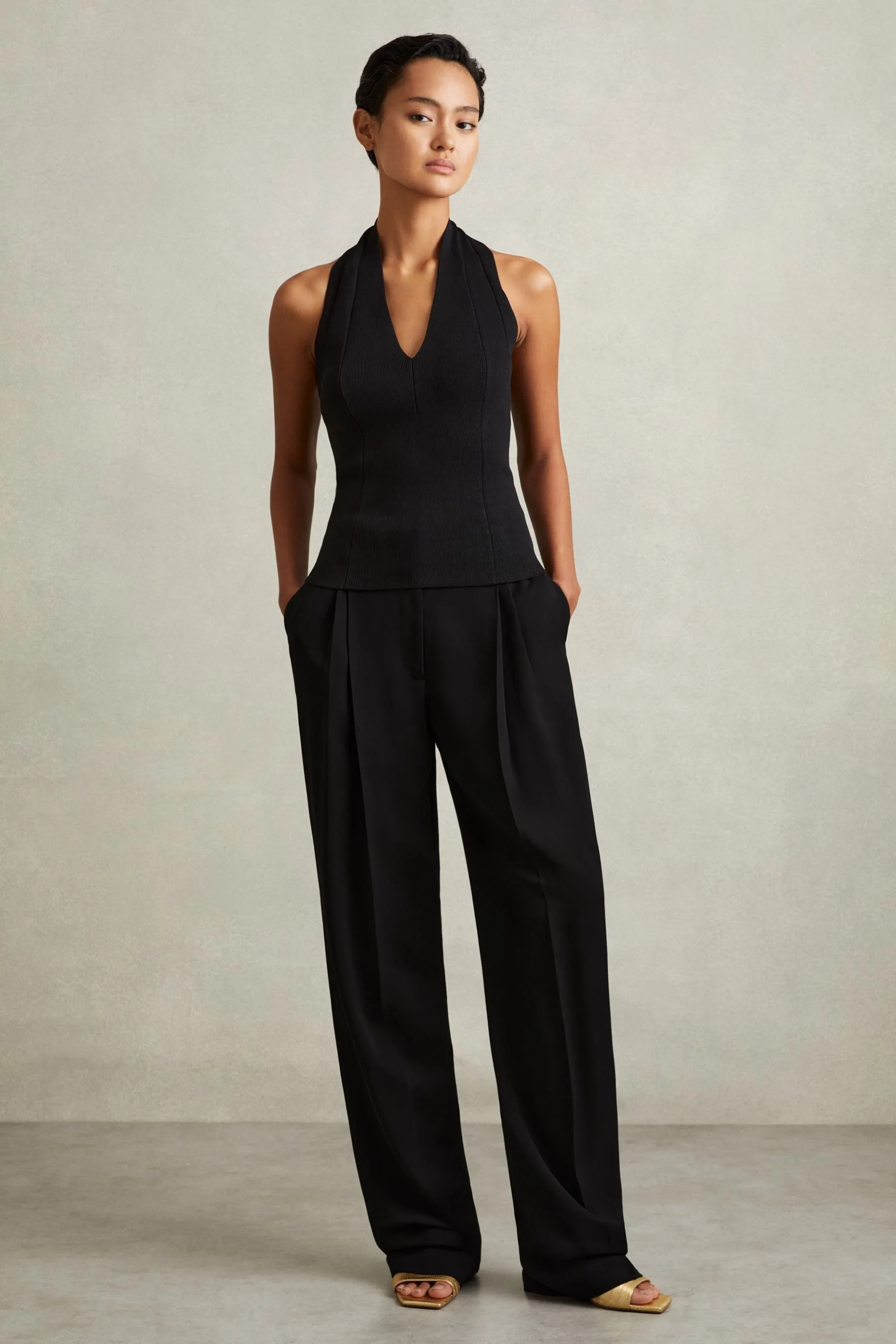 Reiss Lydia Double Pleat Wide Leg Tux Trousers    