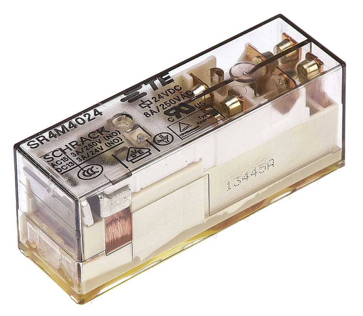 Relè contatti guidati TE Connectivity SR4M, 24V cc, 4 poli, 3PST, SPST, 8A, Montaggio su circuito stampato