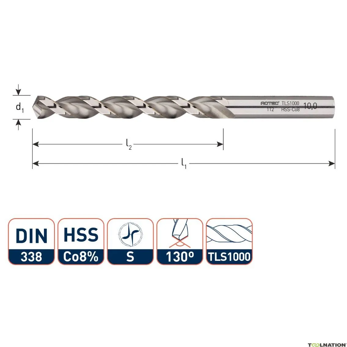 Rotec 112.0880 Punta elicoidale HSS-E, DIN338, tipo TLS1000, Ø8,8