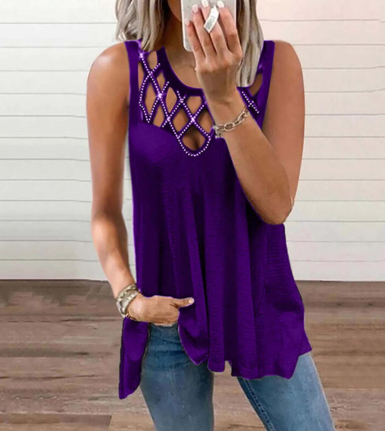 Senza maniche Scava Fuori Canotta Donna Estate Lungo Top Gilet Moda Diamante Maglia Tinta unita 2023 Vestiti Blusas Nuovo 25