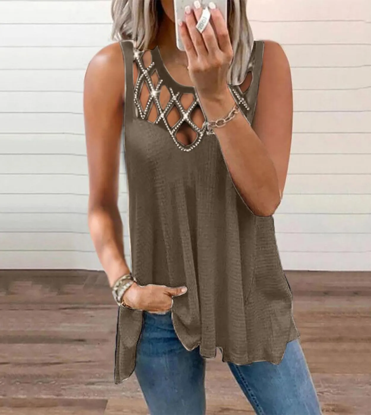 Senza maniche Scava Fuori Canotta Donna Estate Lungo Top Gilet Moda Diamante Maglia Tinta unita 2023 Vestiti Blusas Nuovo 25