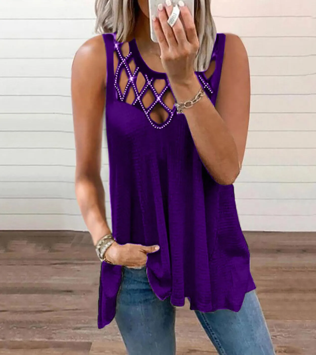 Senza maniche Scava Fuori Canotta Donna Estate Lungo Top Gilet Moda Diamante Maglia Tinta unita 2023 Vestiti Blusas Nuovo 25