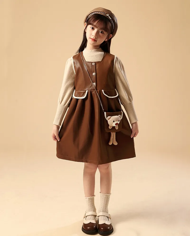 Set di abiti da gilet in pelle per bambini con camicia a maniche lunghe autunno e inverno per ragazze